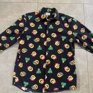 North Pole  Trading Men M Christmas Santa Emoji Happy Smilie Face Button Shirt